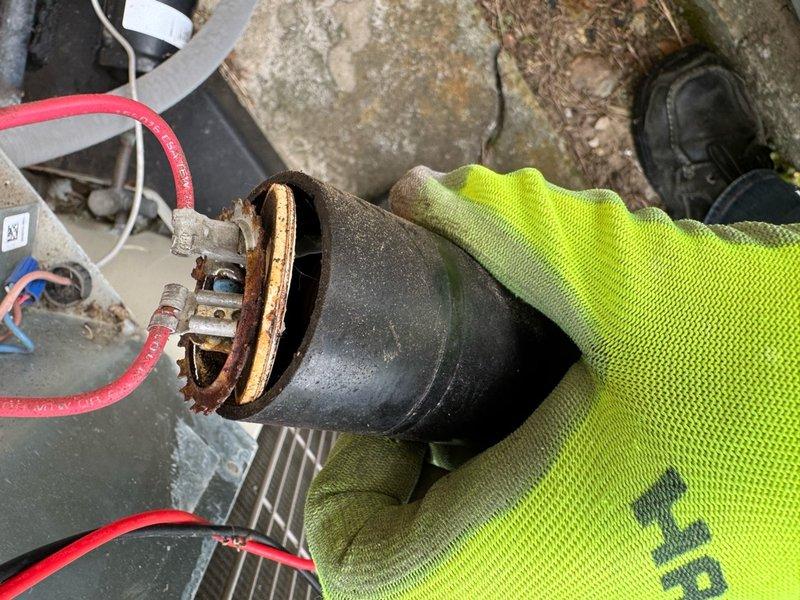 Completed spring maintenance on two HVAC systems. Upstairs unit was blowing hot air due to a severely corroded dual-run capacitor, which was identified and replaced to restore proper cooling operation. Changed 16x20x1 air filter and performed standard maintenance procedures on both systems.