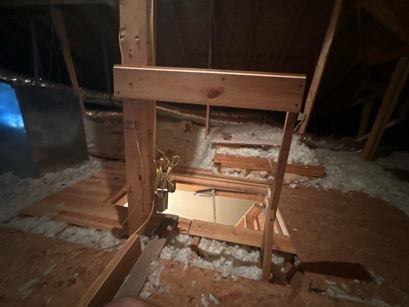 Completed spring maintenance inspection of attic space and HVAC system components. Inspected access hatch structure, verified proper installation and hardware function, examined blown-in insulation coverage and depth throughout attic floor, and assessed flexible ductwork routing and connection integrity. All spray foam insulation applications between rafters were checked for proper adhesion and coverage, vapor barrier materials were confirmed to be properly positioned, and overall attic ventilation and structural framing were evaluated for any maintenance concerns.