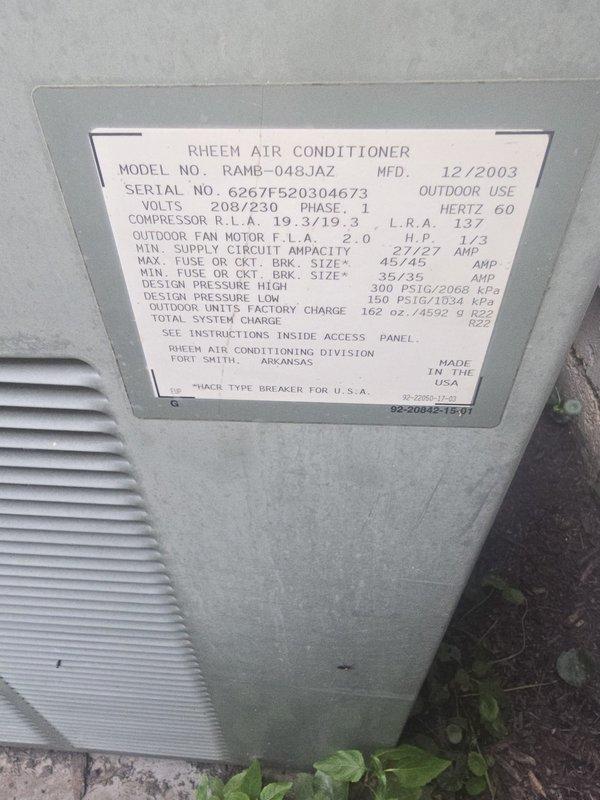 Performed equipment evaluation and documentation for HVAC system replacement estimate. Inspected and photographed existing outdoor Rheem 4-ton air conditioner (Model RAMB-048JAZ, manufactured 12/2003) using R22 refrigerant, and indoor air handler unit located in attic with associated flexible ductwork and distribution system. Scheduled appointment to accommodate customer availability after work hours at 4pm to provide comprehensive replacement options and discuss equipment upgrade recommendations.