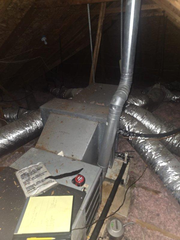 Performed equipment evaluation and documentation for HVAC system replacement estimate. Inspected and photographed existing outdoor Rheem 4-ton air conditioner (Model RAMB-048JAZ, manufactured 12/2003) using R22 refrigerant, and indoor air handler unit located in attic with associated flexible ductwork and distribution system. Scheduled appointment to accommodate customer availability after work hours at 4pm to provide comprehensive replacement options and discuss equipment upgrade recommendations.