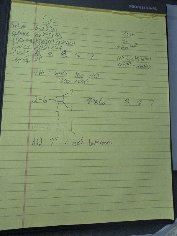 Completed comprehensive estimate for new HVAC system installation. Documented existing outdoor condensing unit location and condition, recorded detailed ductwork measurements throughout residence including multiple supply registers in various sizes (20x20x1, 24x17x9, 16x16x1), assessed first and second floor duct distribution totaling approximately 10 ducts collectively, and created layout diagram noting trunk line configurations and ballroom addition requirements.
