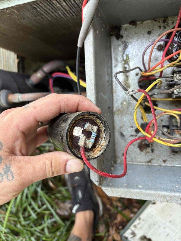 Completed spring maintenance on two HVAC systems. During inspection, identified a heavily corroded capacitor with significant rust and deterioration on the metal casing and terminal contacts, which was replaced to prevent system failure. Performed standard maintenance procedures including cleaning, testing electrical connections, and verifying proper operation of both units. All systems are now functioning within normal parameters.