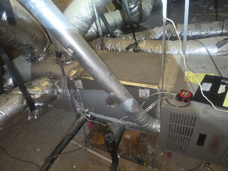 Performed comprehensive super tune-up service on a 14-year-old Bryant HVAC system located in attic space, including complete cleaning and inspection of both air conditioning and heating components. Evaluated air handler unit, flexible ductwork network, and all associated electrical connections and controls to ensure proper operation for home sale preparation. System found to be original equipment with normal wear patterns consistent with age; all components inspected and cleaned per manufacturer specifications.