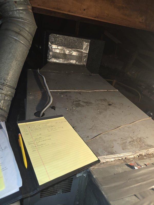 Responded to customer request for complete HVAC system replacement estimate following fire damage to existing equipment. Accessed attic space to assess damaged ductwork and air handler unit, documenting extensive heat damage to main supply plenum and flexible duct connections. Observed compromised insulation on flexible ductwork and deteriorated metal components throughout the system. Took detailed measurements and photographs of existing installation layout, including duct routing, clearances, and structural framing conditions. Evaluated attic access points and working space requirements for new equipment installation. Prepared comprehensive quote for new HVAC system installation including removal and disposal of fire-damaged components.