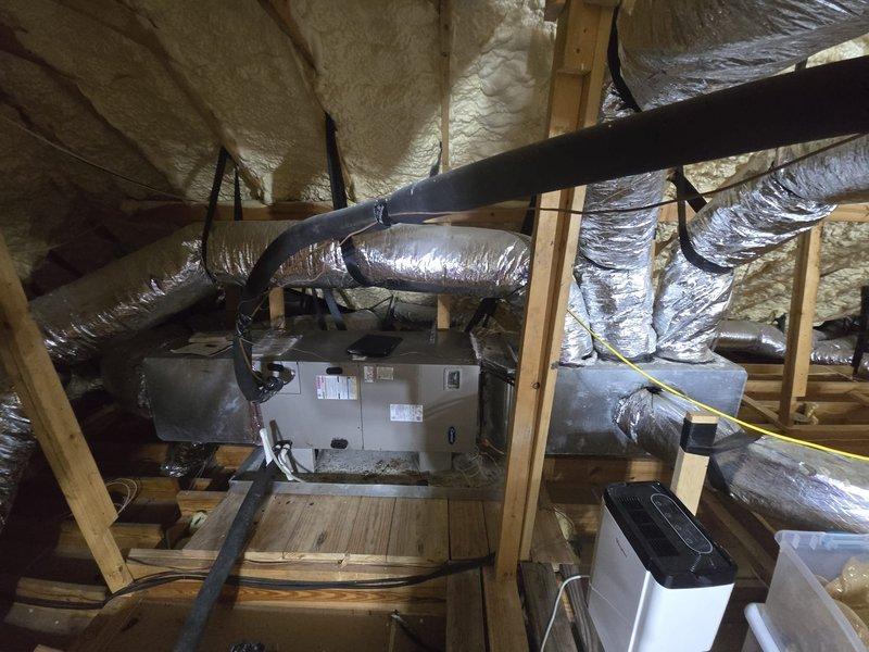 Completed estimate for installation of dehumidifier system in attic space with existing HVAC air handler and spray foam insulation. Assessed equipment placement requirements, electrical connections, and integration with current ductwork configuration to provide customer with comprehensive pricing for humidity control solution.