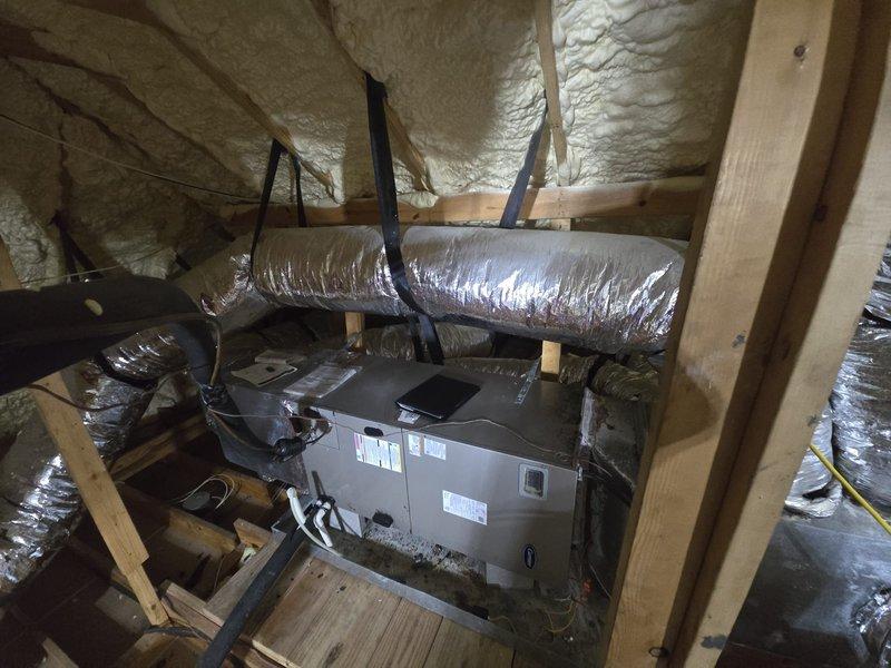 Completed estimate for installation of dehumidifier system in attic space with existing HVAC air handler and spray foam insulation. Assessed equipment placement requirements, electrical connections, and integration with current ductwork configuration to provide customer with comprehensive pricing for humidity control solution.