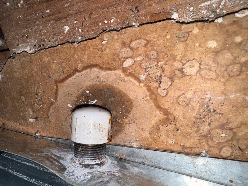 Responded to callback for secondary drain pan overflow causing ceiling water damage. Performed airflow measurement using manometer to verify system operation. Conducted internal plenum inspection with telescope camera to check for active water intrusion and confirm no water was overflowing the primary drain pan. Documented existing water damage to ceiling and wall, including brown staining and deterioration. Inspected drain pan area and found evidence of prolonged moisture exposure around drain line penetration through substrate. Verified proper drainage and system function to prevent further leakage.