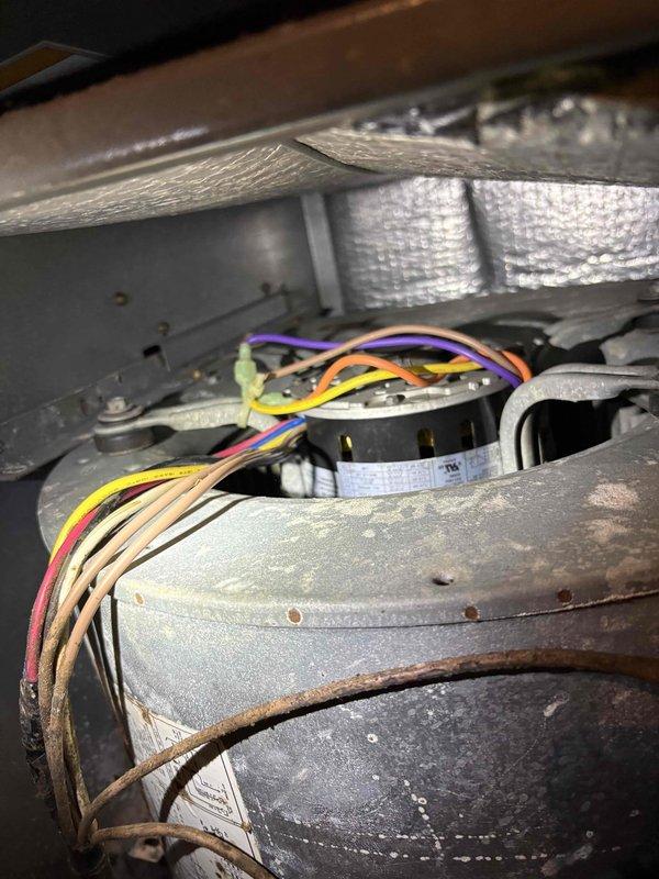 Responded to service call for 20-year-old air conditioning unit experiencing freeze-up and inadequate cooling despite refrigerant being added in August. Upon arrival, performed visual inspection of HVAC system interior, documenting significant dust accumulation on blower motor assembly and general equipment wear consistent with age. Observed moisture-related issues including visible mold growth, staining, and deteriorated surfaces in the air handler area, indicating drainage problems or condensate management failure. Photographed interior components including blower motor housing, electrical wiring connections, and evaporator coil area showing signs of restricted airflow and contamination. Equipment condition suggests multiple contributing factors to freeze-up including dirty evaporator coil, compromised airflow from accumulated debris, and potential drain line blockage causing moisture retention. Awaiting gate code access information from customer to complete full diagnostic evaluatio