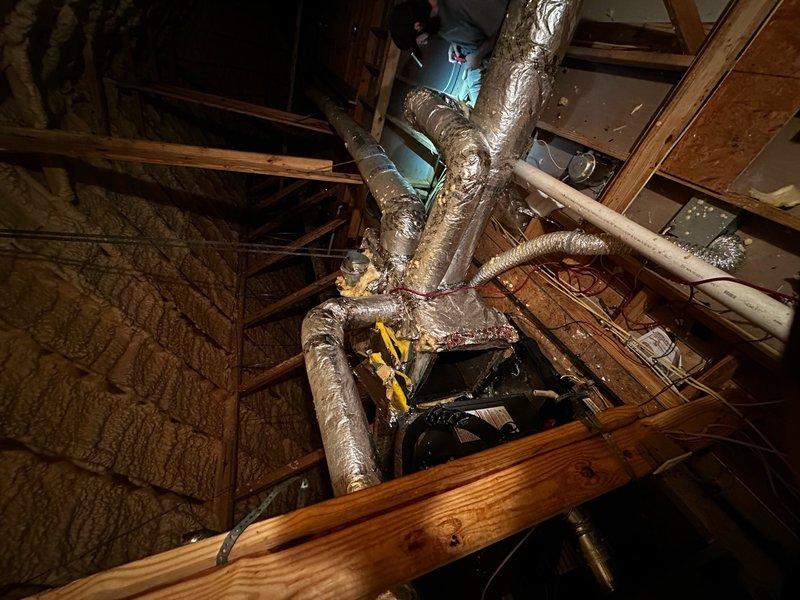 Completed installation of Amana 4-ton gas system with comprehensive ductwork routing through attic space. Installed and properly sealed all registers, secured flexible metallic ductwork with appropriate support brackets, and applied spray foam insulation between wall studs. Adjusted secondary drain line to discharge into emergency drain pan and repositioned float switch to lowest point of system for proper operation. Completed final quality control inspection including thermostat plate installation, equipment labeling, retrieval of extension cords and fans from attic and bathroom areas, verified all ductwork connections were sealed, and obtained required manufacturer warranty documentation before confirming customer satisfaction with completed installation.