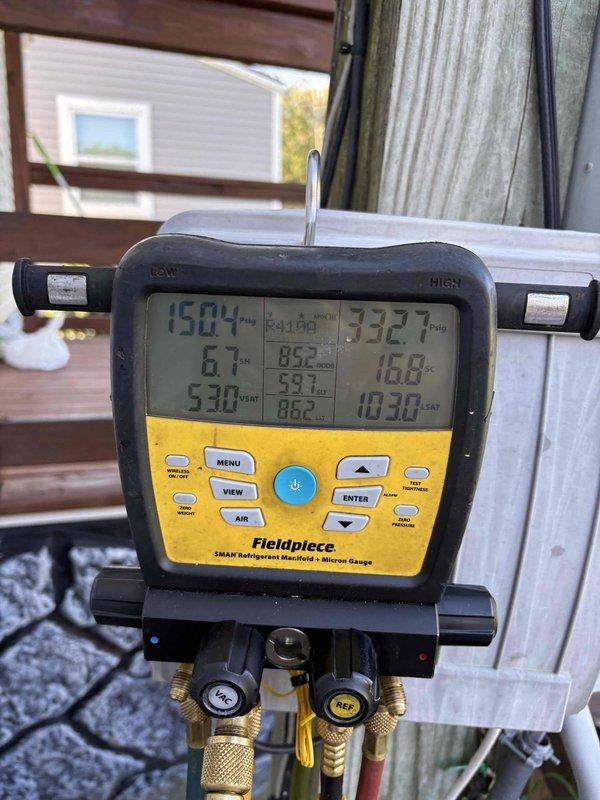 Responded to service call regarding non-functioning thermostat and concerns about water accumulation in the indoor unit drain pan. Inspected crawl space and located indoor air handler unit, checking for potential condensate drain clogs or leaks. Performed system diagnostics using refrigerant manifold gauge to verify operating pressures and temperatures across the system. Investigated thermostat malfunction that persisted after battery replacement, tested system operation and electrical connections to identify root cause of cooling failure.