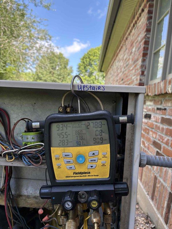 Completed comprehensive 4-system AC maintenance including cleaning and inspection of all units. Performed electrical diagnostics using clamp meter to verify proper amperage draws and system performance, with readings indicating normal operation. Utilized refrigerant manifold gauges to check pressures and system charge levels on outdoor condensing units, confirming all systems operating within manufacturer specifications.