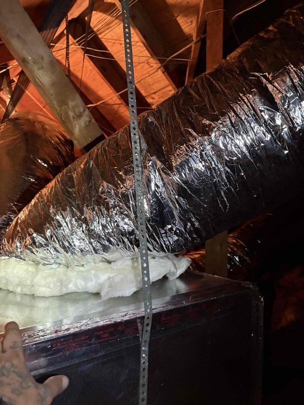 Completed ductwork repairs in attic space, addressing deteriorated flexible duct sections and ensuring proper support and insulation integrity. Installed two new Nuve smart thermostats and performed system diagnostics using digital manifold gauges to verify proper refrigerant pressures and overall HVAC system performance following the installation and repairs.