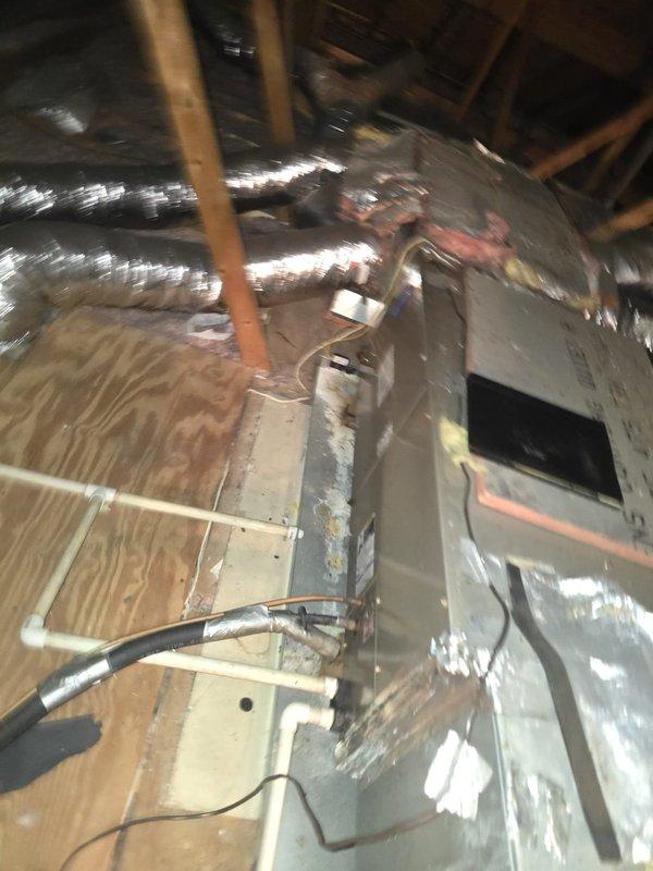 Completed installation of 3-ton air handler unit in attic space per PO# J3954-001. Unit was positioned on wooden platform with proper clearances, flexible metallic ductwork was connected and routed throughout attic space, and all electrical connections were made to equipment. Installation was photographed and verified operational.