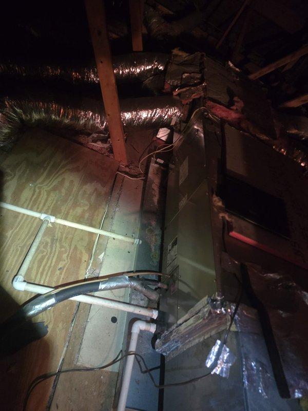 Completed installation of 3-ton air handler unit in attic space per PO# J3954-001. Unit was positioned on wooden platform with proper clearances, flexible metallic ductwork was connected and routed throughout attic space, and all electrical connections were made to equipment. Installation was photographed and verified operational.