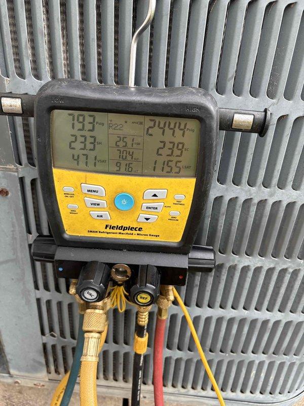 # Installation Summary

Completed refrigerant conversion and component replacement on a 3.5-ton mobile home HVAC system, transitioning from R-410A to R-22 refrigerant specifications.

# Work Performed

Recovered all existing R-410A refrigerant from the system using recovery equipment per EPA regulations. Removed the existing R-410A thermal expansion valve (TXV) from the evaporator coil assembly and installed a replacement R-22 compatible TXV rated for 3-5 ton applications. 

Accessed the liquid line and removed the existing filter drier. Installed a new liquid line filter drier with appropriate brass fittings to ensure proper filtration and moisture removal from the refrigerant circuit. Brazed all connections using nitrogen purge to prevent oxidation and contamination of copper tubing.

Performed vacuum procedure on the complete system to remove moisture and non-condensables. Pulled system down to 500 microns and held vacuum to verify system integrity and absence of leaks. 

Charged th