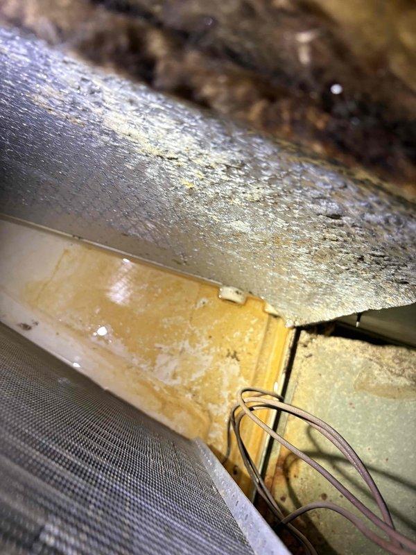 Completed comprehensive system cleaning and inspection on vacant property. Return grille was found heavily soiled and cleaned thoroughly. Air filter was inspected and showed signs of extended use without replacement. During attic inspection, discovered significant condensation accumulation on supply ductwork and moisture saturation in surrounding fiberglass insulation, indicating potential humidity control issues or inadequate duct insulation. All findings documented with photos for property preparation prior to market listing.