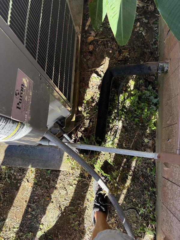 Completed comprehensive maintenance inspection and cleaning on 17-year-old HVAC system (Model: CNPVP6124A7A8BA, manufactured March 2018, R-410A refrigerant). Performed standard preventive maintenance procedures on outdoor condenser unit to maximize system longevity for new homeowner. Documented equipment condition with photographs showing outdoor installation, refrigerant line set, and manufacturer specification labels, noting visible weathering and surface staining consistent with system age.