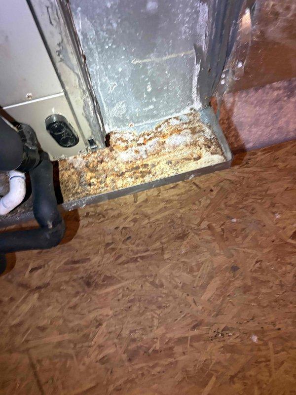 Responded to service call for frozen AC unit that had been shut down for several days. Upon arrival, conducted diagnostic inspection of HVAC system located in mechanical room. Observed air handler equipment with visible control panels and ductwork connections. Noted signs of moisture intrusion and water damage in the mechanical space, including rust-colored staining at door threshold and corrosion on metal surfaces, indicating previous condensation or drainage issues. Inspected attic installation area where condensate drain system and associated PVC piping were observed. Examined drain line routing and electrical connections to air handler. Identified potential contributing factors to freezing condition, including evidence of moisture accumulation in the system area. Documented equipment condition and surrounding environment through photographic evidence showing water damage patterns and system installation configuration. Recommended addressing drainage concerns and monitoring for prop