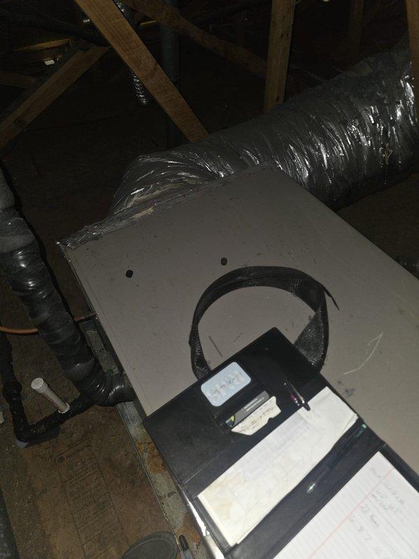 Conducted attic inspection of existing HVAC system and ductwork following customer request for replacement unit quotation. Evaluated current air handler installation, plenum assembly, and flexible duct routing throughout attic space. Assessed condition of metallic insulated ductwork, structural support, and overall system configuration to provide accurate replacement estimate.