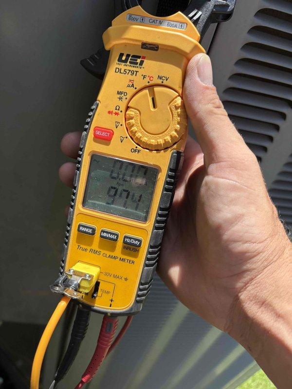 Performed second opinion evaluation on HVAC system experiencing operational issues. Conducted electrical diagnostics using clamp meter to assess system performance and document current readings. Technician scheduled for follow-up evaluation to address identified concerns with system operation.