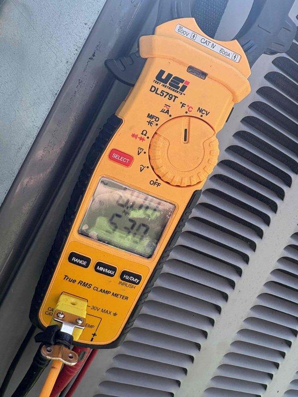 Performed second opinion evaluation on HVAC system experiencing operational issues. Conducted electrical diagnostics using clamp meter to assess system performance and document current readings. Technician scheduled for follow-up evaluation to address identified concerns with system operation.