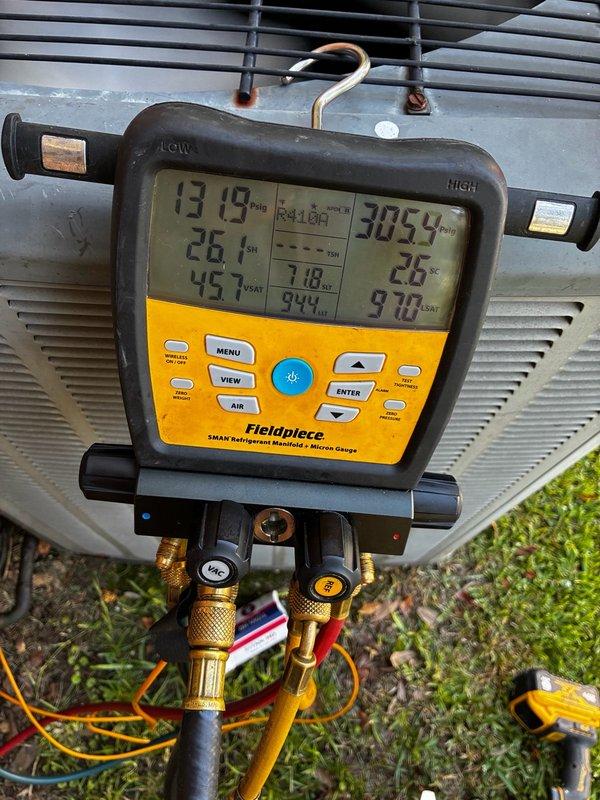# Dispatch - After Hours

Responded to no cooling complaint on residential HVAC system. Upon arrival, performed diagnostic testing on outdoor condensing unit using digital manifold gauges and clamp meter. Measured operating amperage at 46 amps and recorded system pressures and temperatures. Testing revealed failed run capacitor on compressor circuit. Replaced defective capacitor with new component, verified proper electrical connections, and confirmed system returned to normal cooling operation with appropriate refrigerant pressures and temperatures.