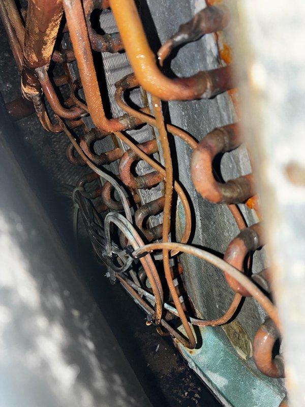 Responded to service call for aging HVAC system experiencing intermittent operation and breaker tripping. Upon arrival, system was operational after customer reset breaker. Performed comprehensive inspection of unit to assess overall condition and identify potential issues causing inadequate cooling performance during high ambient temperatures. Inspected blower motor assembly, noting visible wear, oxidation, and accumulated debris on motor housing and cooling fins. Examined electrical connections at terminal block, observing significant corrosion and oxidation on multiple wire connections and terminals, indicating age-related deterioration that could contribute to electrical issues and breaker trips. Documented equipment condition with photographs for service records. Discussed system performance concerns and membership options with customer.