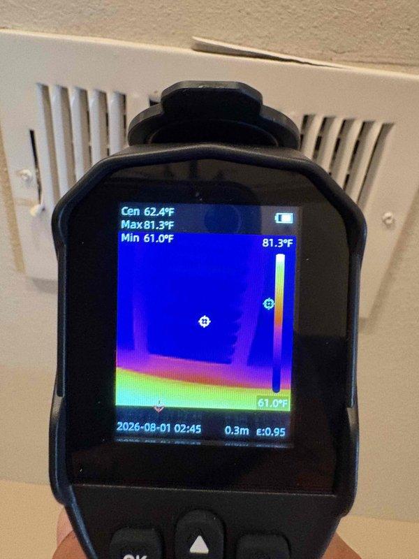 Responded to service call for 2.5 ton residential air conditioning system experiencing condenser failure and continuous blower operation. Upon arrival, confirmed outdoor condenser unit would not engage while indoor blower motor continued running after thermostat cycle completion. Performed diagnostic evaluation of electrical components including recently replaced capacitor. Utilized thermal imaging equipment to assess supply air temperature at register, confirming inadequate cooling with center temperature reading of 62.4°F. Inspected blower motor assembly and verified proper mounting and electrical connections. Evaluated refrigerant charge levels as requested and checked system operation parameters.