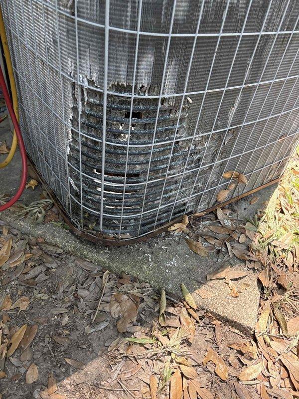 Responded to service call for aging R22 system with suspected compressor failure. Upon arrival, performed comprehensive system inspection and discovered severely damaged heating element assembly with melted insulation, heavy corrosion, and compromised electrical components. Exterior condenser unit showed significant age-related deterioration with dirty coils, accumulated debris, and weathered protective cage. Assessed refrigerant levels and evaluated compressor operation. Due to extent of damage to heating components and overall system condition, recommended supervisor evaluation for repair versus replacement options given age of equipment and R22 refrigerant phase-out considerations.
