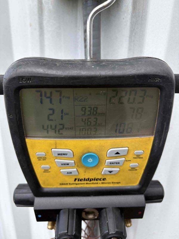 Responded to commercial dispatch for unit freezing up with possible refrigerant leak. Upon arrival, performed comprehensive system diagnostics using digital manifold gauges and multimeter to assess operating conditions. Measured system temperatures, pressures, superheat, and subcooling values to identify root cause of freezing issue. Conducted thorough leak search of refrigeration system components including evaporator coil, condenser coil, line sets, and service ports. Documented system readings and conditions with photos for service records.