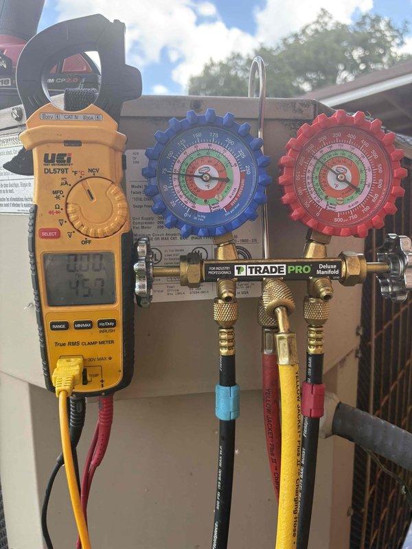Responded to customer concern regarding air conditioning system unable to maintain desired temperature of 77 degrees, with unit running continuously but only cooling to 79 degrees. Performed comprehensive AC system inspection using digital multimeter and manifold gauge set to measure electrical parameters and refrigerant pressures. Tested system performance, verified operational status of all components, and documented findings with equipment readings to ensure proper system function during extreme heat conditions.