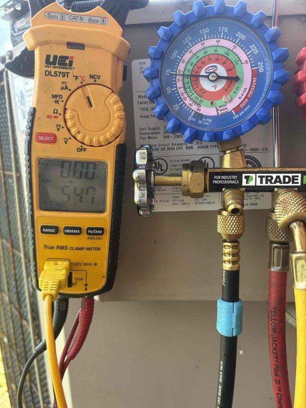 Responded to customer concern regarding air conditioning system unable to maintain desired temperature of 77 degrees, with unit running continuously but only cooling to 79 degrees. Performed comprehensive AC system inspection using digital multimeter and manifold gauge set to measure electrical parameters and refrigerant pressures. Tested system performance, verified operational status of all components, and documented findings with equipment readings to ensure proper system function during extreme heat conditions.