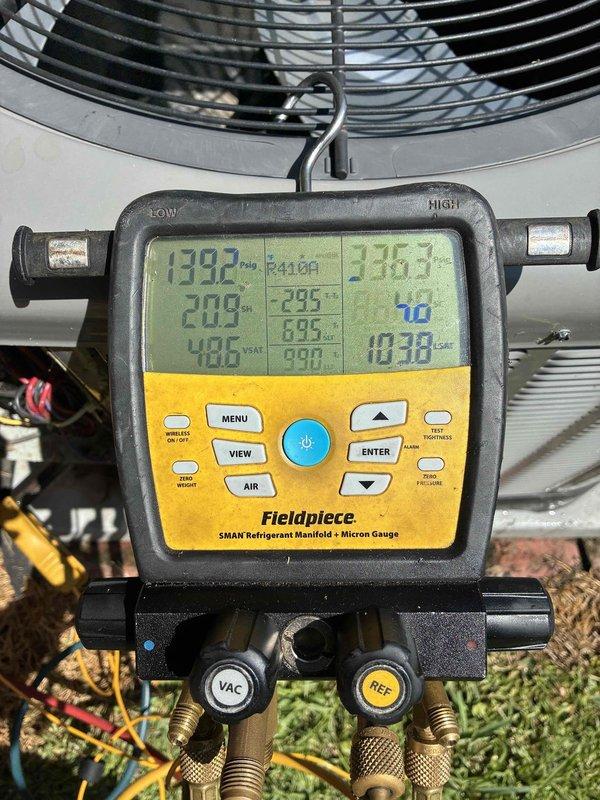 Completed annual cooling maintenance on one operational AC unit. The second unit was excluded from service as it had recently received a coil replacement. Performed comprehensive system diagnostics using refrigerant manifold with micron gauge to verify refrigerant pressures, superheat, and subcooling values across both high and low side ports. Utilized digital multimeter to test electrical components including capacitor functionality and voltage readings. All measurements recorded within manufacturer specifications. System operating efficiently with proper airflow and temperature differential confirmed.