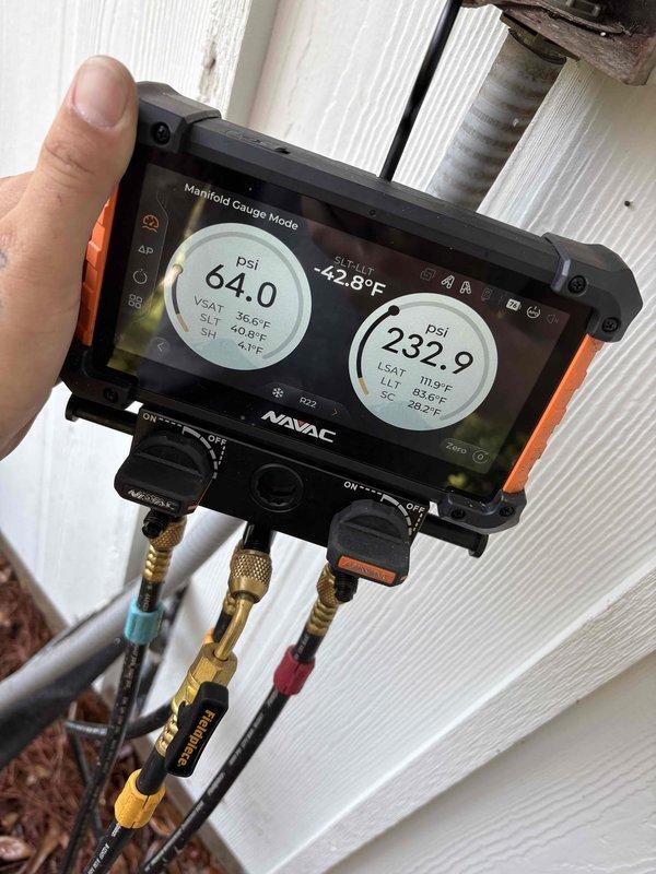 Responded to no cooling call where condenser unit was not operating. Upon arrival, found aged outdoor disconnect switch with heavily corroded contacts and deteriorated wiring connections. Tested system pressures using digital manifold gauges, which revealed suction pressure of 64 psi and discharge pressure of 232.9 psi with subcooling at 26.5°F and superheat at 4.1°F. Inspected electrical connections at disconnect and documented condition of outdoor equipment. Customer advised of findings and provided recommendations for necessary repairs to restore system operation.