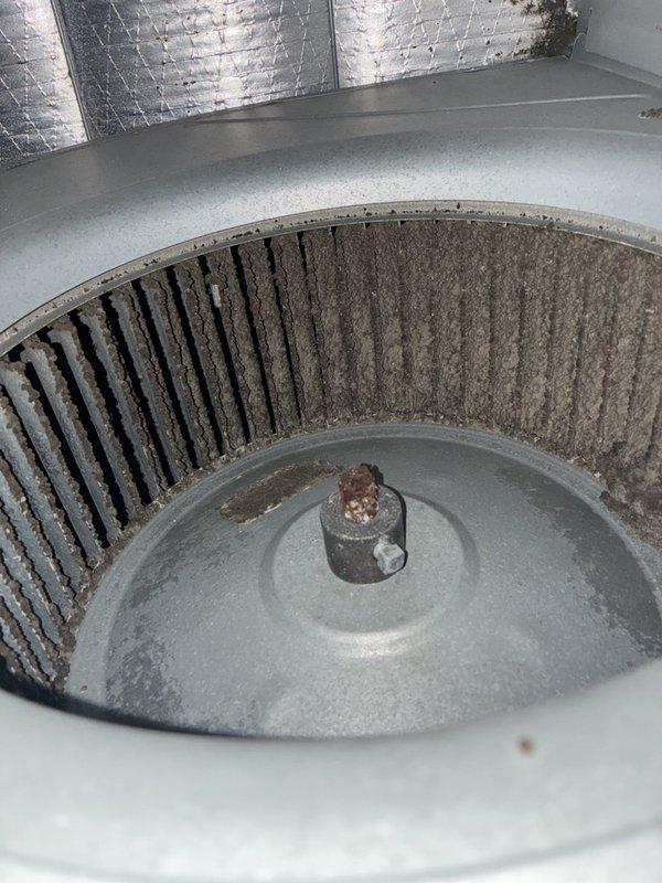 Performed second opinion evaluation of HVAC system following previous service visit. Inspection revealed significant dust and debris accumulation on blower wheel assembly with heavy buildup on vertical fins and slats affecting airflow efficiency. Documented heavily soiled air filters with brown discoloration indicating extended use beyond recommended replacement interval. Photographed system conditions and provided findings to customer for informed decision-making regarding necessary maintenance and repairs.