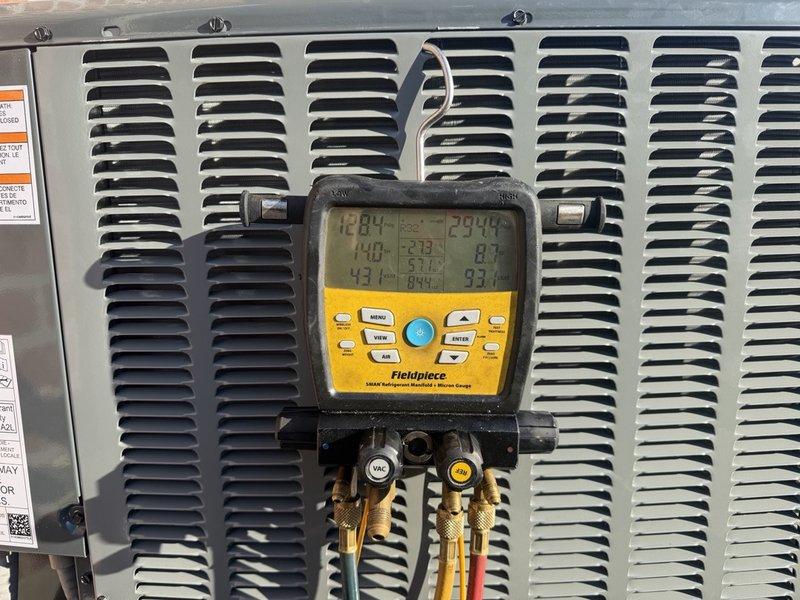Completed installation of 3.5 ton condenser unit with new disconnect. Arrived early morning as requested to coordinate site access, removed gate section for equipment delivery, and successfully installed condenser sourced from Jackson Supply Gonzales. Verified all electrical connections, tested system operation with digital manifold gauges, and confirmed proper refrigerant pressures and temperatures upon startup.
