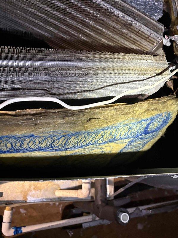 Completed installation of 7.5 microfarad blower capacitor to restore proper motor operation. Secured and adhered loose evaporator coil insulation that had become detached, ensuring proper thermal efficiency and preventing future displacement. Replaced 20x25x5 media filter to maintain optimal airflow and indoor air quality. System tested and confirmed operational upon completion.