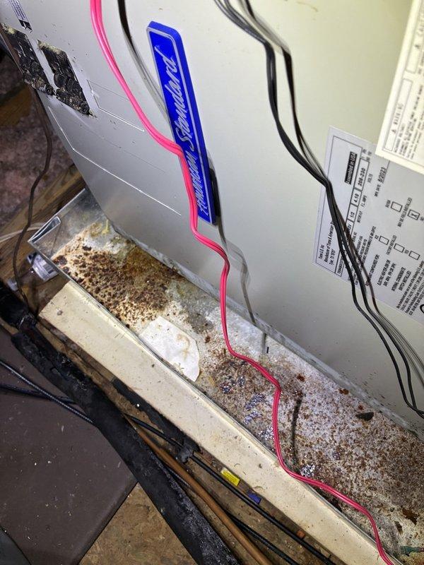 Responded to customer complaint of HVAC system running constantly with temperature fluctuations of 3-4 degrees. Inspected 2-year-old system including air handler unit and associated components. Documented equipment condition with photos showing white HVAC air handler mounted on concrete platform with visible wiring connections, control valve assembly with multiple wire terminations, and PVC condensate drain line. Observed accumulated dust, dirt, and debris throughout mechanical space on equipment surfaces and surrounding areas. Noted system configuration and control wiring connections for diagnostic evaluation of continuous run condition and temperature control issues.