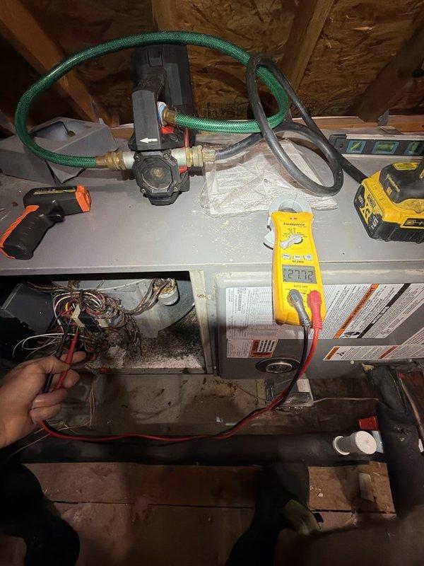 Responded to after-hours dispatch for non-operational upstairs HVAC system in a three-system residence. Upon arrival, accessed attic-mounted air handler unit and performed diagnostic testing using digital multimeter to assess electrical functionality and system operation. Conducted thorough inspection of furnace/air handler, examining control board connections, wiring harness integrity, and manufacturer specifications. Documented equipment conditions and diagnostic findings with photographic evidence for service records.