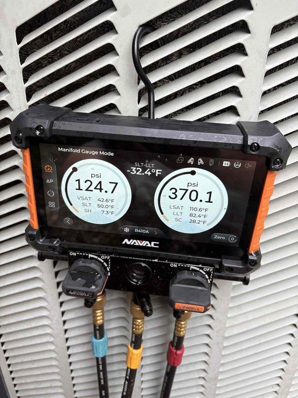 Installed a complete 3-ton gas split system with new R-8 insulated ductwork serving seven supply drops, sized and balanced to a 1,200 CFM design airflow per the room-by-room duct layout. Completed refrigerant charge verification using a digital manifold gauge on R410A, confirming operating pressures of 124.7 psi suction and 370.1 psi discharge with 7.3°F superheat and 28.2°F subcooling within specification.