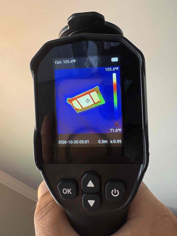 Performed a fall heating system tune-up on one system, including a thermal imaging inspection of the supply and return air pathways. Scanned the wall surface and the ceiling-mounted return air grille to evaluate temperature distribution and airflow, confirming the system was producing heat and circulating air as expected.