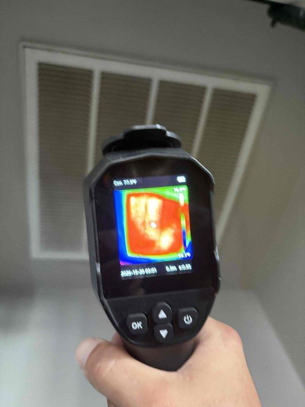 Performed a fall heating system tune-up on one system, including a thermal imaging inspection of the supply and return air pathways. Scanned the wall surface and the ceiling-mounted return air grille to evaluate temperature distribution and airflow, confirming the system was producing heat and circulating air as expected.