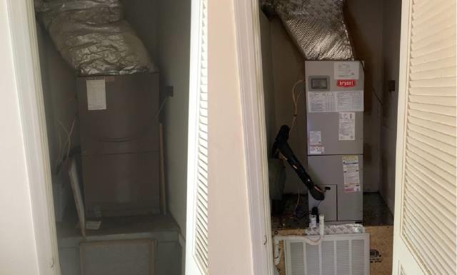 Bowling Green, KY - Air Handler replacement, replaced a 1976 General Electric Air Handler with a new Bryant FB4CNP Air Handler. Multi-Family / Four-Plex HVAC system replacement. New Duct Fitting. New Honeywell Thermostat. Bowling Green, KY - Air Handler replacement, replaced a 1976 General Electric Air Handler with a new Bryant FB4CNP Air Handler. Multi-Family / Four-Plex HVAC system replacement. New Duct Fitting. New Honeywell Thermostat.