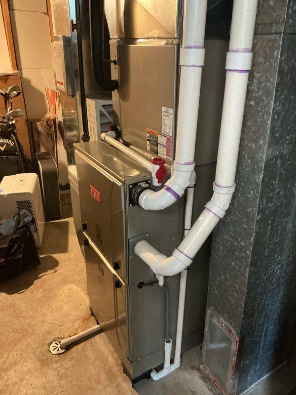 Completed installation of a Bryant gas furnace in basement utility area with proper PVC venting system and condensate drainage. All connections were sealed with purple primer at joints, and the unit was mounted with appropriate clearances from surrounding items. System was tested and confirmed to be functioning according to manufacturer specifications.