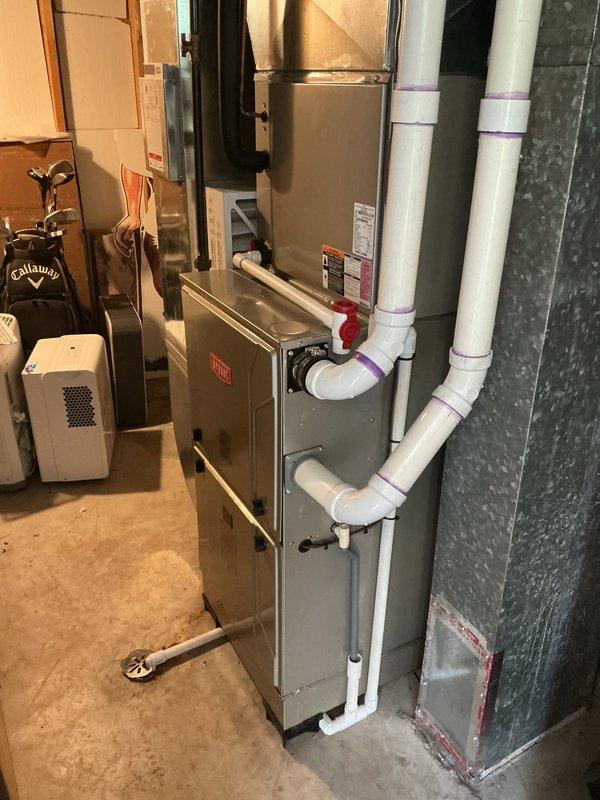 Completed installation of a Bryant gas furnace in basement utility area with proper PVC venting system and condensate drainage. All connections were sealed with purple primer at joints, and the unit was mounted with appropriate clearances from surrounding items. System was tested and confirmed to be functioning according to manufacturer specifications.