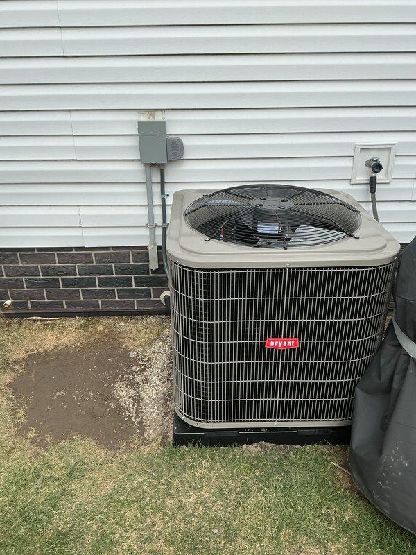 Completed full HVAC system installation including outdoor air conditioning condenser unit and indoor evaporator coil at residential property. New AC unit was positioned on exterior concrete pad with proper electrical disconnect and conduit installation, while indoor coil component was integrated into existing closet-mounted air handler system. All necessary documentation, customer identification verification, and financing paperwork were processed and secured through third-party lender to facilitate project completion.