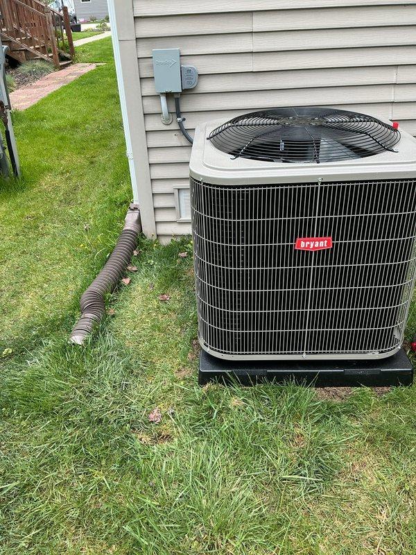 Completed full HVAC system installation for mobile home including indoor furnace unit and outdoor air conditioning condenser. Installed Bryant outdoor condensing unit on level pad with proper clearances from structure, mounted electrical disconnect box on exterior wall, and ran refrigerant lines and condensate drain. Indoor furnace installation included Goodman DGAX077BDTA 77,000 BTUH gas furnace with proper venting, gas line connections, and electrical wiring. Verified all manufacturer specifications, tested system operation, and confirmed proper airflow and temperature differential across both heating and cooling modes.