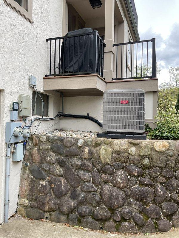 Completed full HVAC system installation including Bryant condensing unit, Unico air handler, and flexible ductwork. Mounted exterior condensing unit on elevated concrete platform with proper electrical connections, conduit routing, and disconnect installation. Interior air handler positioned in attic space with insulated flexible duct runs installed to optimize airflow distribution throughout the residence. All electrical connections completed to code, system tested and verified operational.