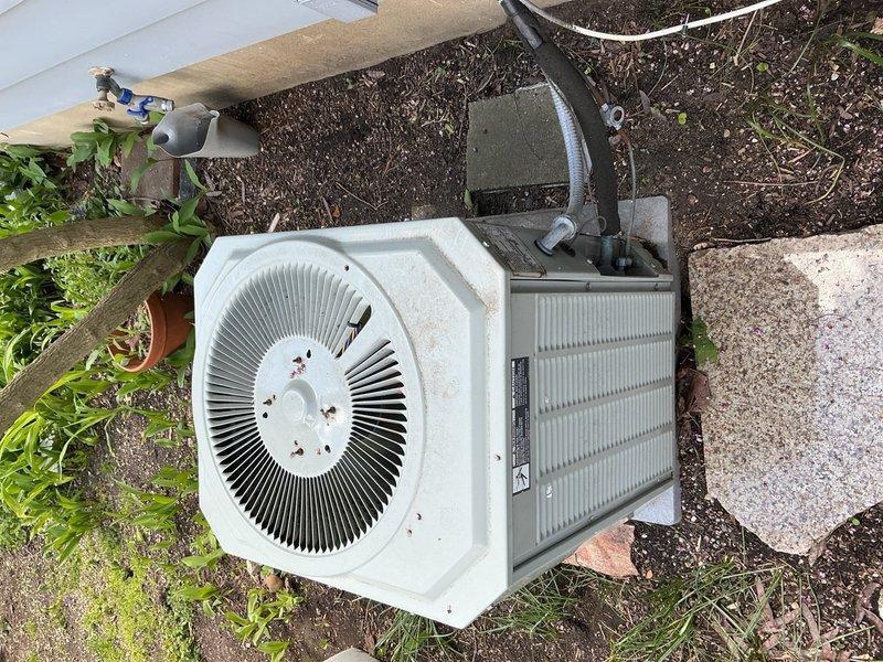 Completed scheduled air conditioning tune-up on outdoor condensing unit. Performed comprehensive system inspection, cleaned accumulated debris and organic matter from interior components, checked electrical connections and capacitor, inspected condenser coils and refrigerant lines, and verified proper fan operation. Unit operational upon completion with recommendations provided for ongoing maintenance due to age and weathering of equipment.