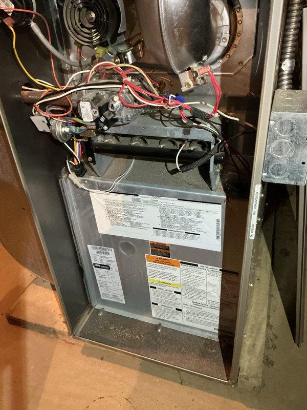 Completed routine HVAC furnace maintenance including thorough cleaning of the unit and internal components. Inspected gas valve assembly, blower motor, control board, and all electrical connections, confirming all systems operational with no issues detected. Photographed equipment condition for service records.